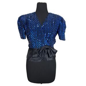 Barbara Chodos for Michael Marcella Ltd VTG 80s Women’s Blue Sequin Top Bow XS